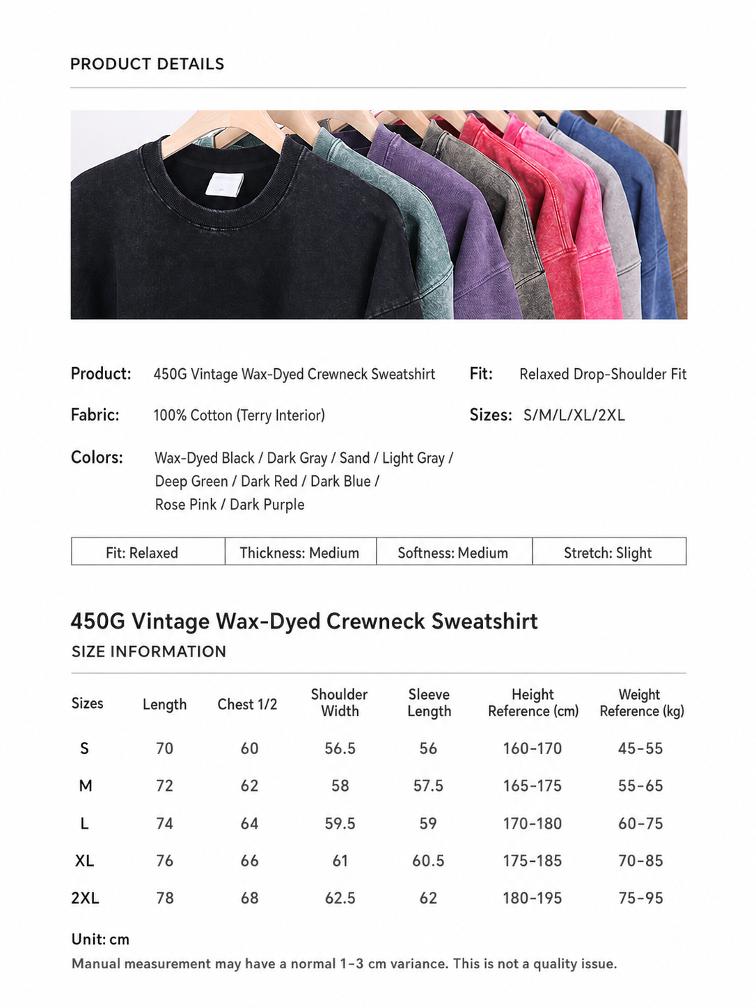 450g Vintage Washed Crewneck Sweatshirt size chart