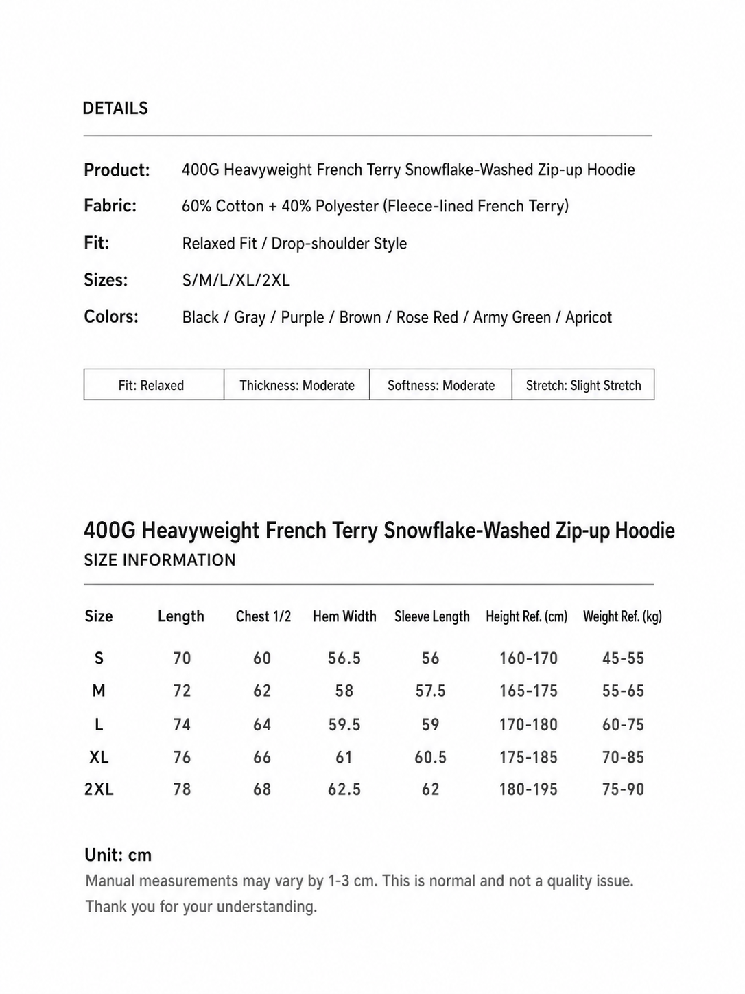 400g Vintage Washed Zip Hoodie size chart