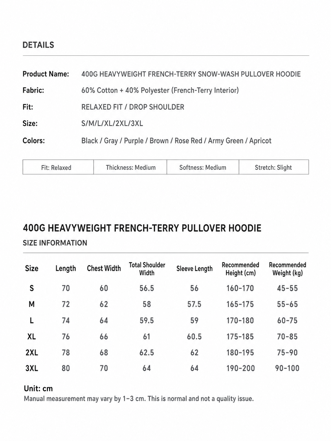 400g Vintage Washed Pullover Hoodie size chart