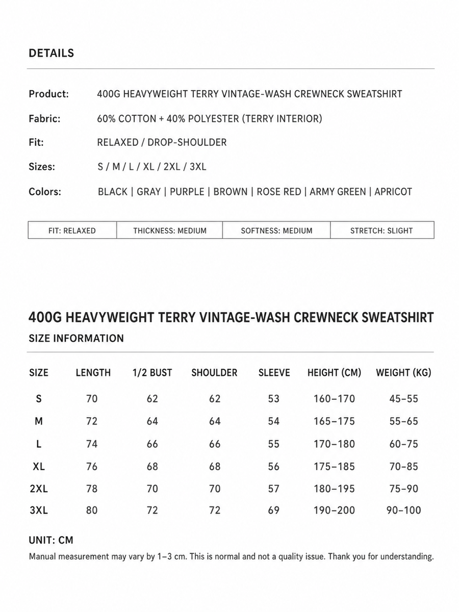 400g Vintage Washed Crewneck Sweatshirt size chart
