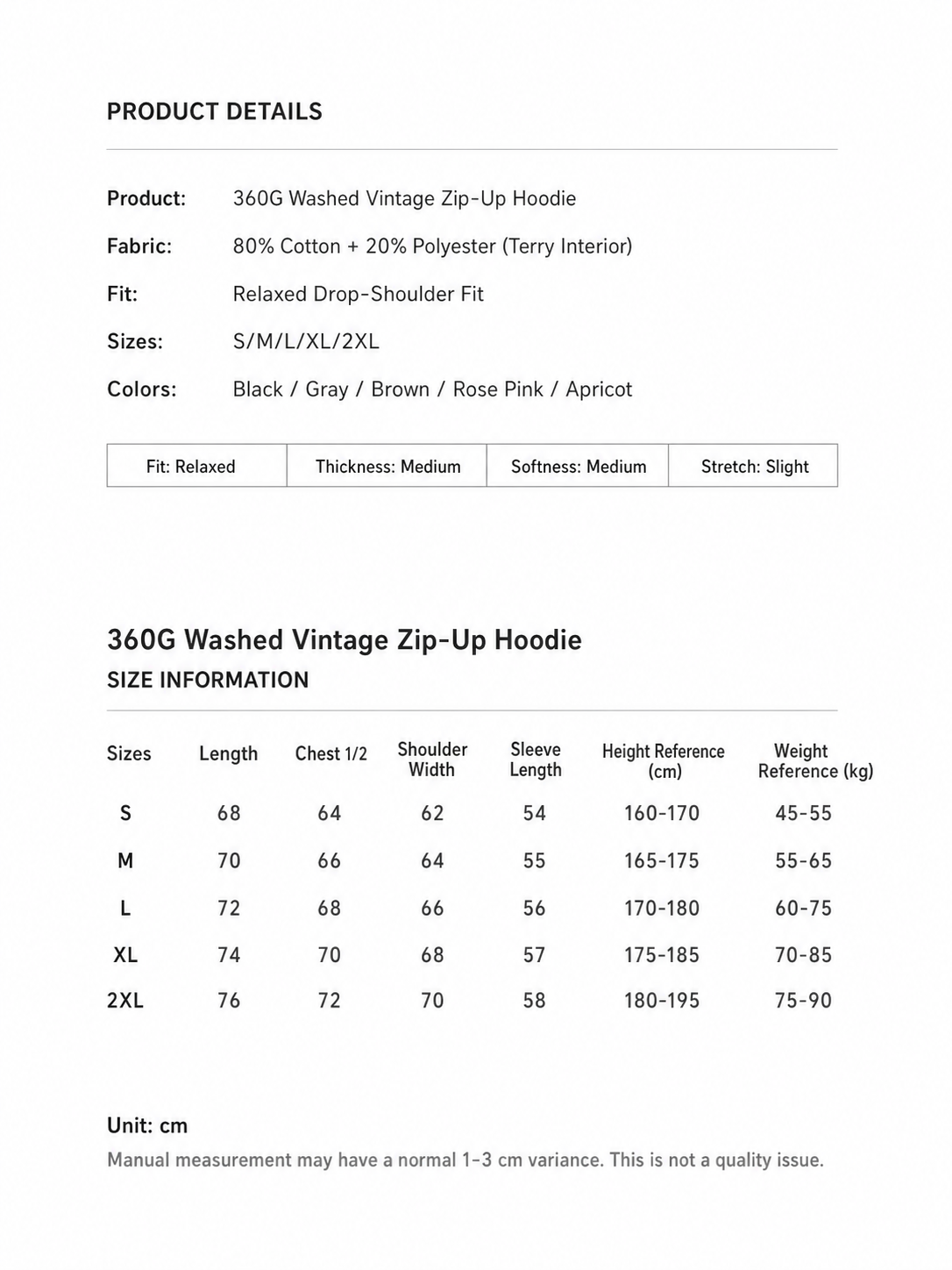360g Vintage Washed Zip Hoodie size chart