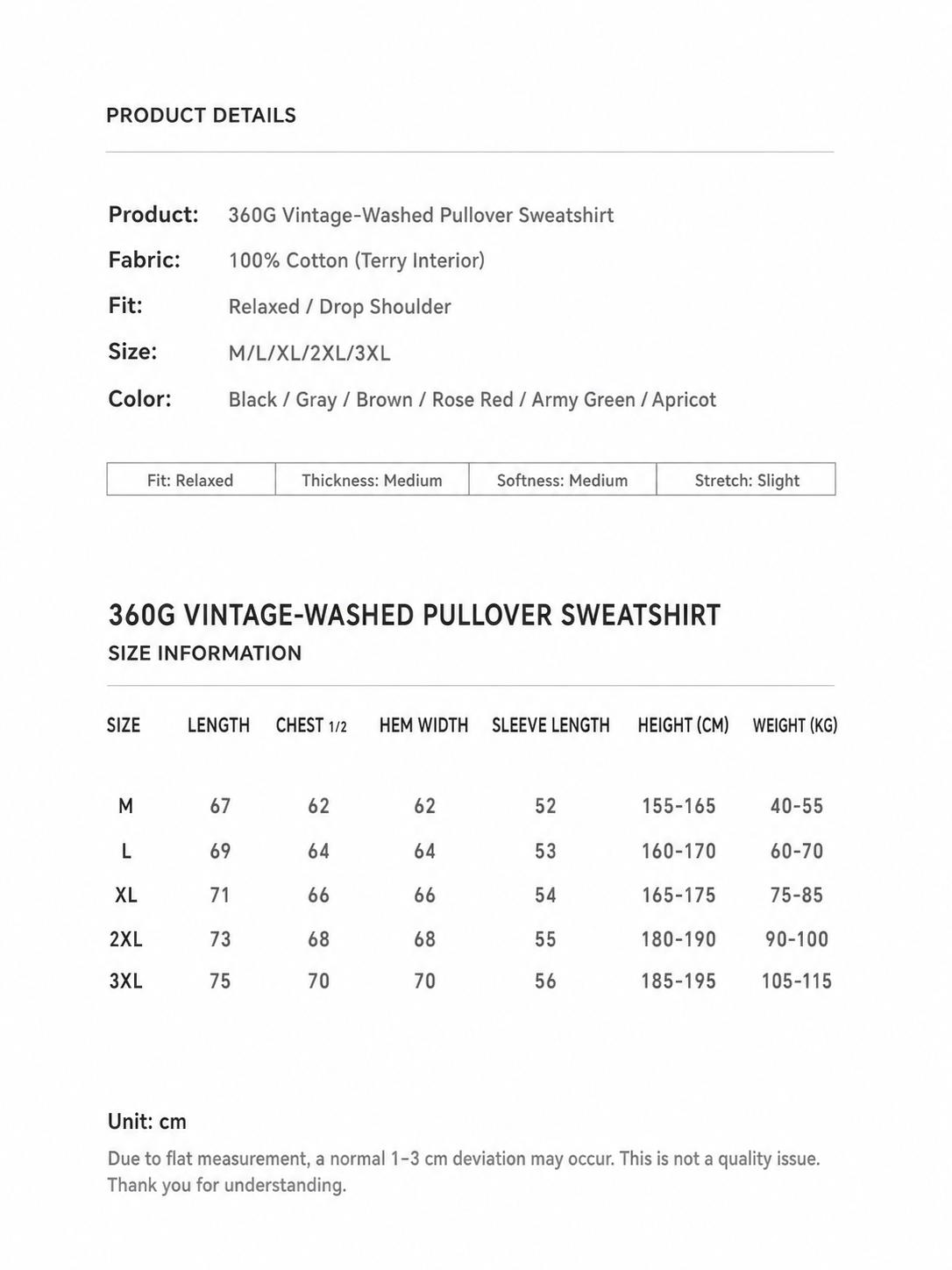 360g Vintage Washed Pullover Hoodie size chart