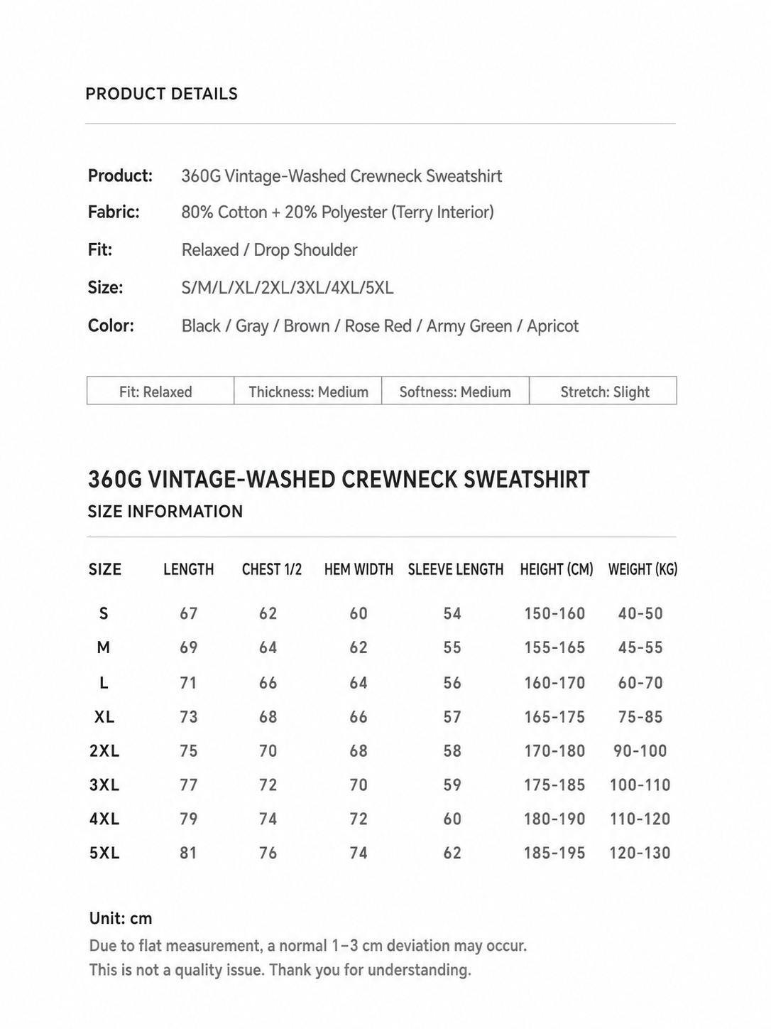 360g Vintage Washed Crewneck Sweatshirt size chart