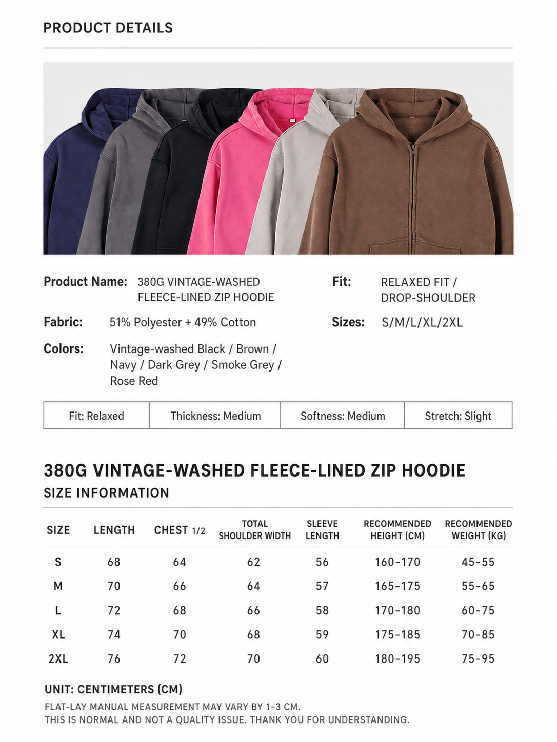 Vintage Washed Zip Hoodie size chart
