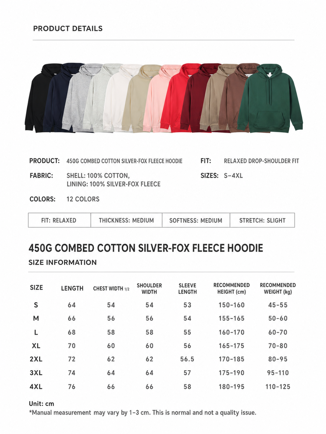 450g Fleece Pullover Hoodie size chart