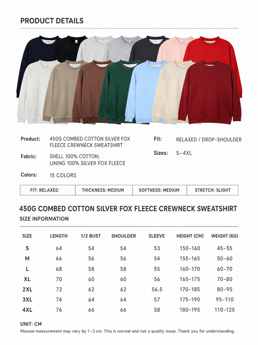450g Fleece Crewneck Sweatshirt size chart