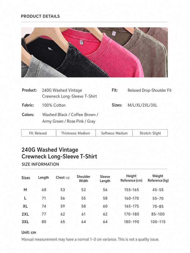 240g Washed Cotton T-Shirt size chart
