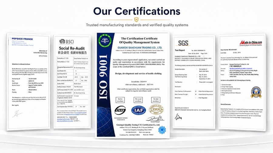 Sanchuan Apparel certification and quality system document display