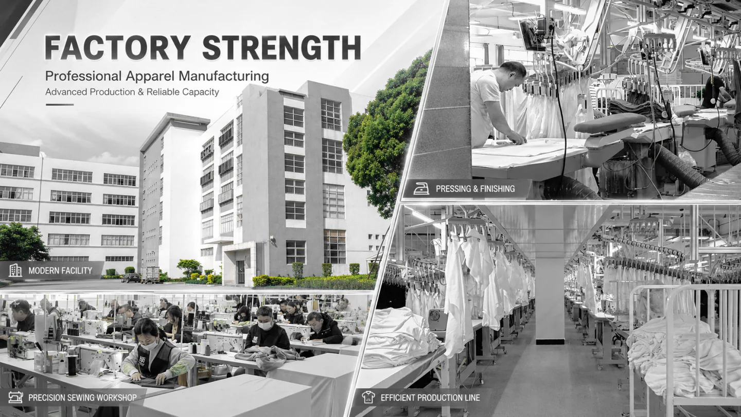 Sanchuan Apparel factory strength display with modern facility, sewing workshop, pressing and finishing, and production line