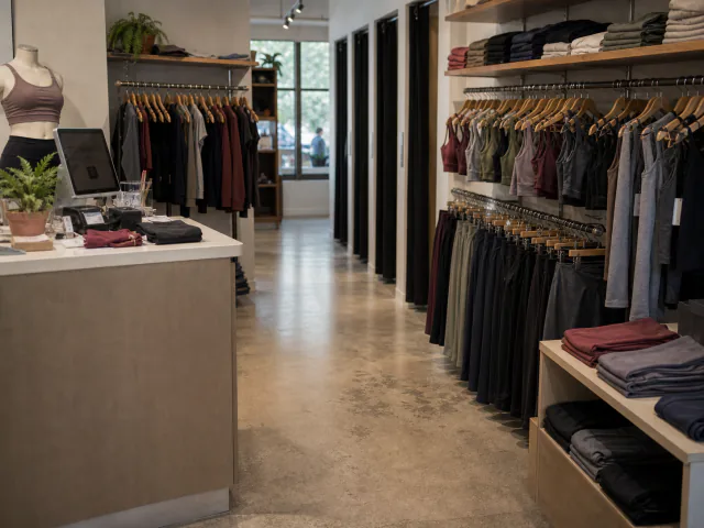 Yoga apparel store interior with checkout counter and fitting rooms