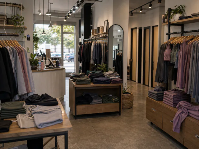 Yoga apparel boutique with center display table and racks