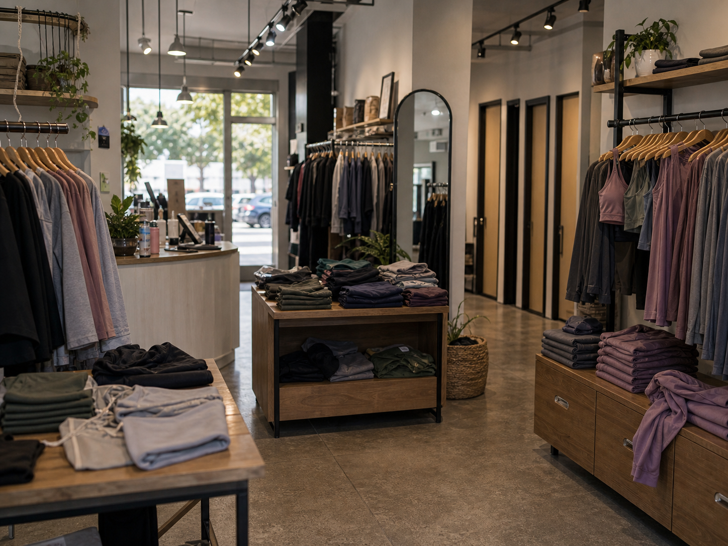Yoga apparel boutique with center display table and racks