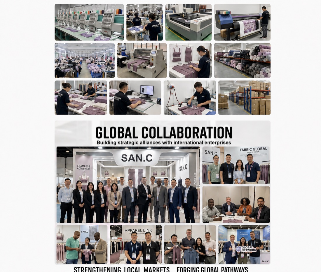 Sanchuan Apparel production, fabric, packaging, and exhibition collaboration collage