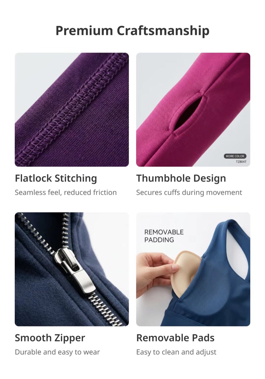 Premium yoga wear craftsmanship details including flatlock stitching, thumbhole design, smooth zipper, and removable pads