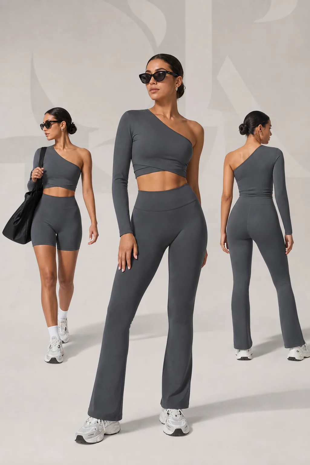 Charcoal one-shoulder activewear set shown from front, back and styled views