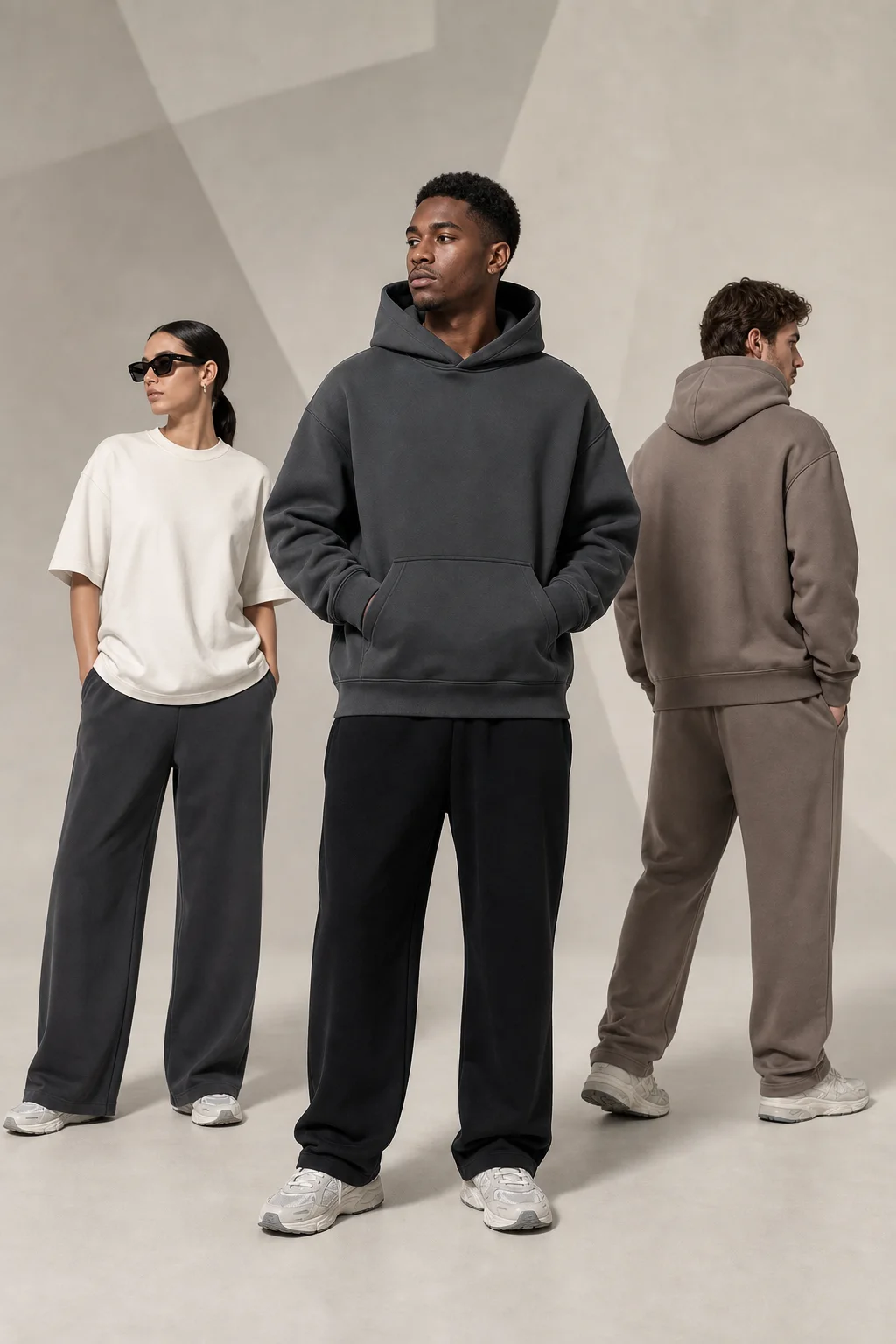 Models wearing a white heavyweight T-shirt and charcoal and taupe hoodies