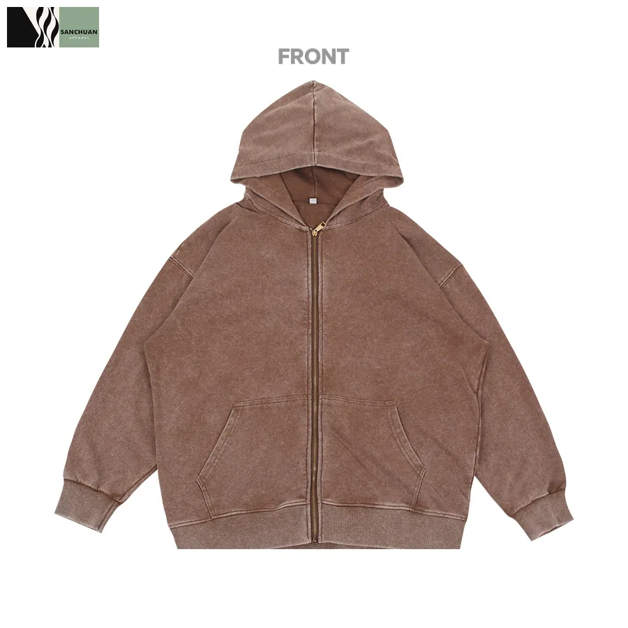 Brown washed zip-up hoodie