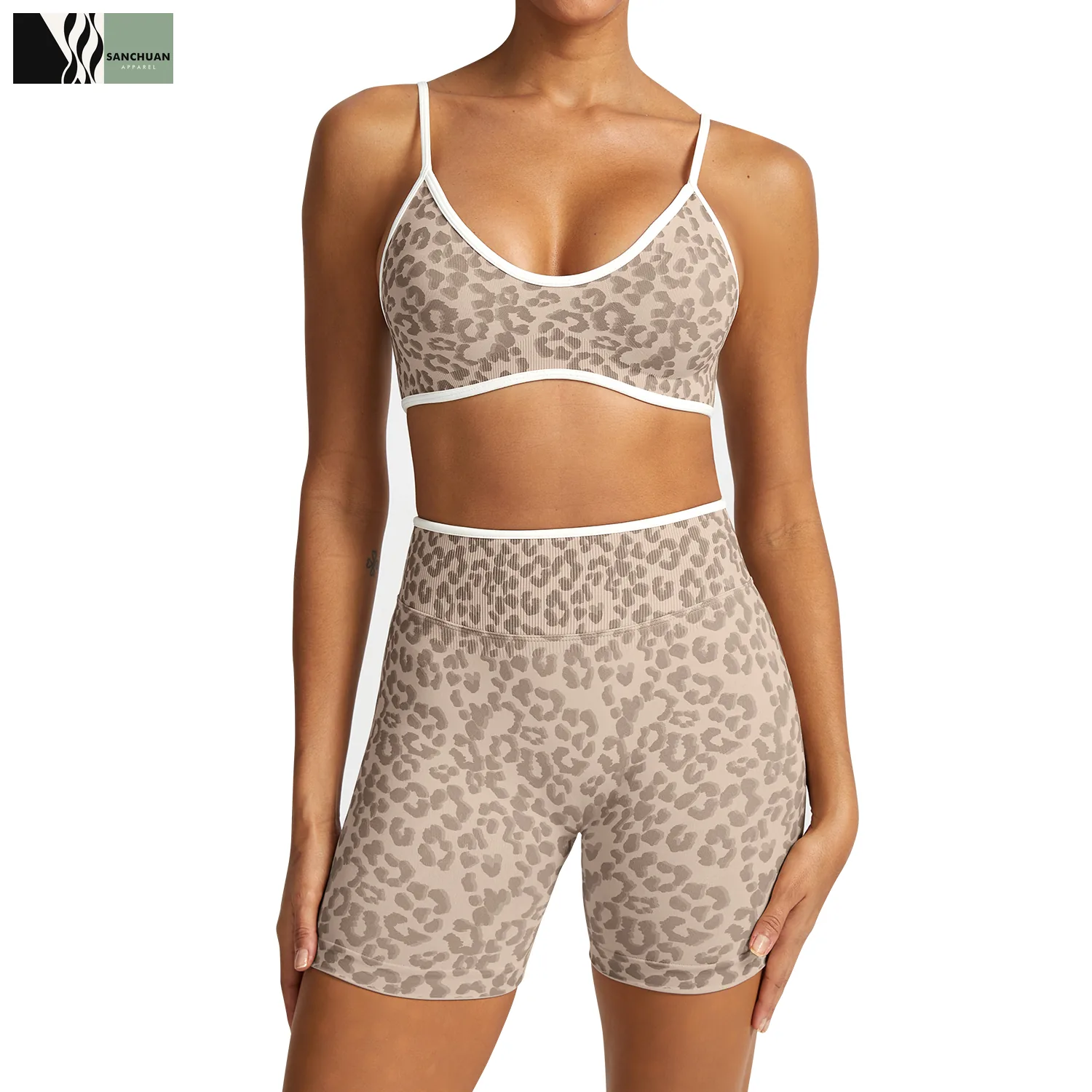 Leopard print sports bra and biker short set